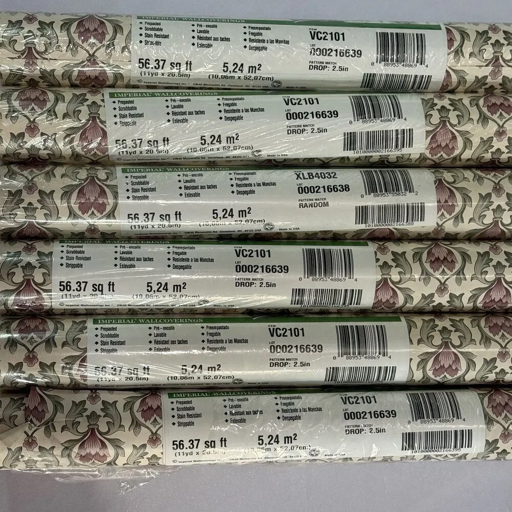 6 Rolls Vintage Imperial Wallpaper Floral Damask Mauve Pink Green Cottagecore
